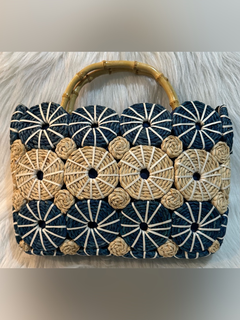 RARE Vintage Woven Straw Bag Circles Design and Bamboo Handles Blue Cream GUC